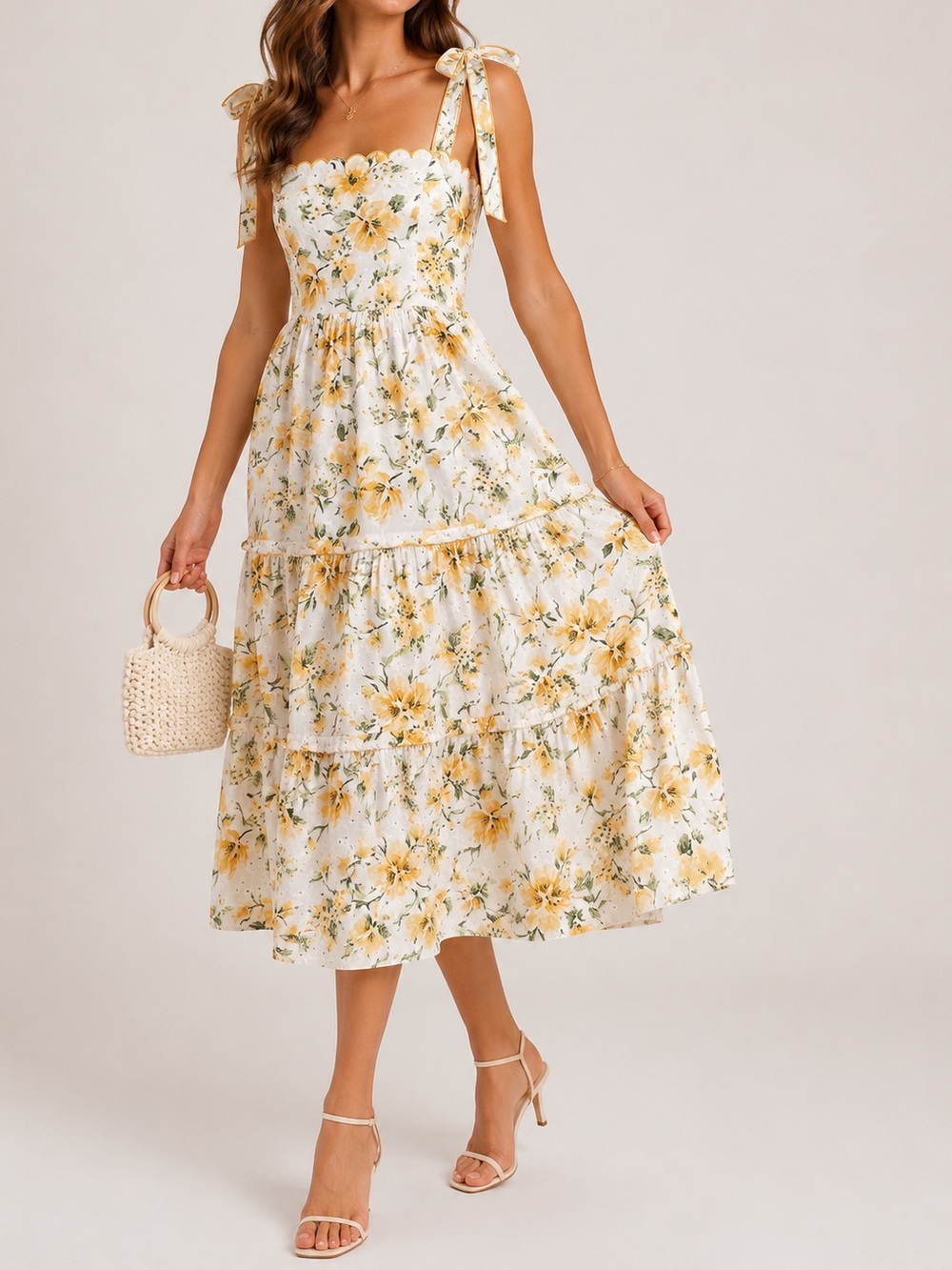 *NWT* MOON RIVER Yellow Flowers Tie Strap Midi Dress